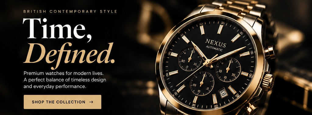 NEXUS Watches black and gold hero design concept